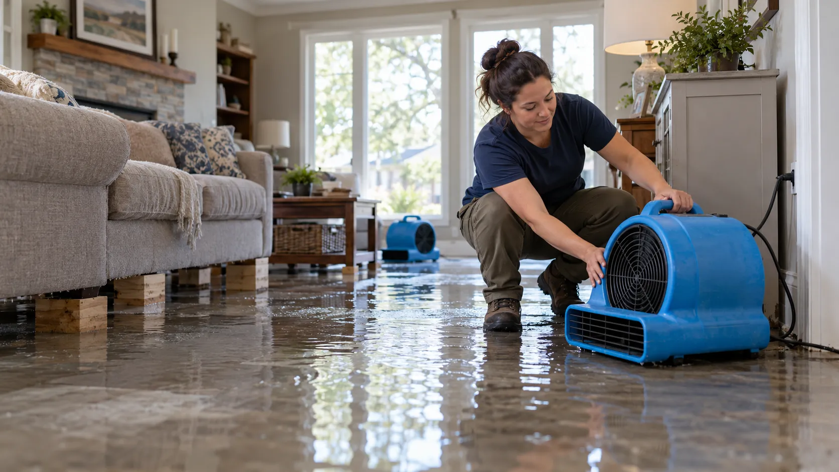 Water damage restoration technician drying a flooded living room in Pensacola